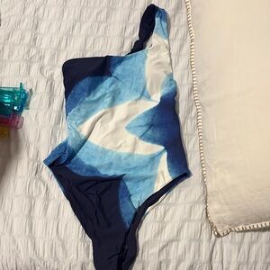 Anthropologie Blue and White One-Shoulder Swimsuit